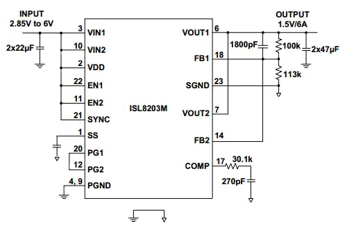Intersil ISL8203M integrated step-down converter module Image of Intersil ISL8203M integrated step-down converter module