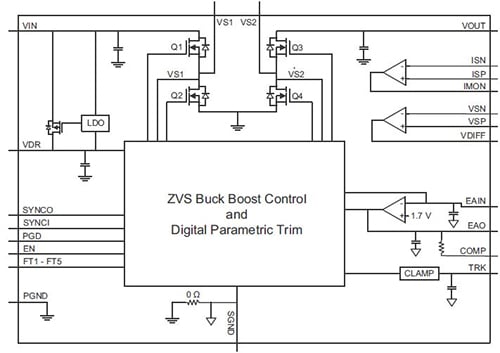 Vicor’s PI3749 buck-boost regulator Diagram of Vicor’s PI3749 buck-boost regulator