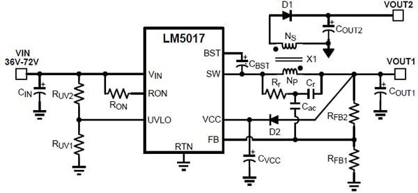 Fly-buck DC/DC converter based on Texas Instruments LM5017 100 V synchronous buck regulator Diagram of Fly-buck DC/DC converter based on Texas Instruments LM5017 100 V synchronous buck regulator