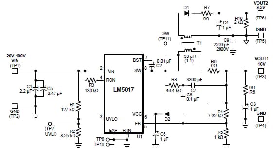 Texas Instruments LM5017-based isolated Fly-buck DC/DC converter Diagram of Texas Instruments LM5017-based isolated Fly-buck DC/DC converter