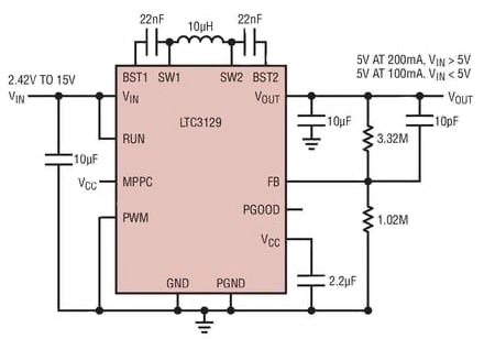 The LTC3129 synchronous buck-boost DC/DC converter from Linear Technology seamlessly switches from buck to boost mode so it can maintain a constant output voltage even as output of the source (usually a battery) declines as it is depleted. The LTC3129 synchronous buck-boost DC/DC converter from Linear Technology seamlessly switches from buck to boost mode so it can maintain a constant output voltage even as output of the source (usually a battery) declines as it is depleted.