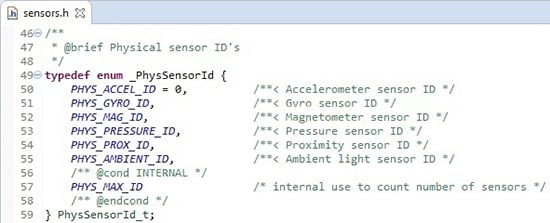 PhysSensorId enumerator in the sensor header file Image of PhysSensorId enumerator in the sensor header file