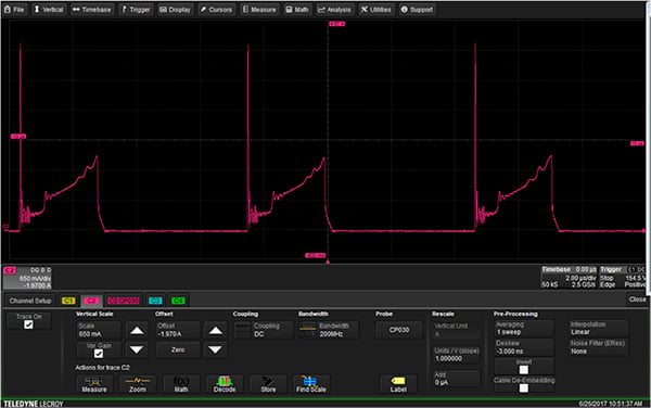 Channel setup in a Teledyne LeCroy HDO 4104 oscilloscope (click for full-size) Graph of channel setup in a Teledyne LeCroy HDO 4104 oscilloscope (click for full-size)