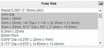 5 mm fuse sizes from the DigiKey part search field Selection of 5 mm fuse sizes from the DigiKey part search field