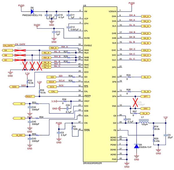 Application circuit for Texas Instruments DRV8323R gate driver Diagram of application circuit for Texas Instruments DRV8323R gate driver