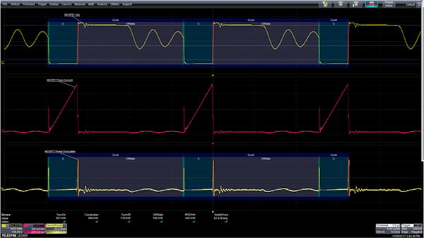 Measurement of a flyback supply showing the voltage and current waveforms at the MOSFET switch Image of measurement of a flyback supply showing the voltage and current waveforms at the MOSFET switch
