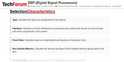 Screen Capture of the DSP Product Selection Guide hosted at TechForum