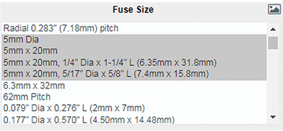 Selection of 5 mm fuse sizes from the DigiKey part search field