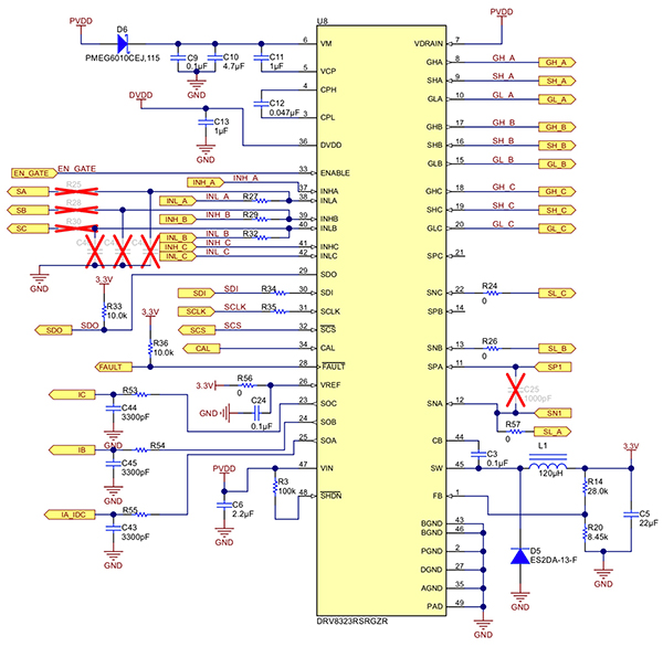 Diagram of application circuit for Texas Instruments DRV8323R gate driver