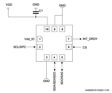 Diagram of STMicroelectronics LPS22HB pc board layout