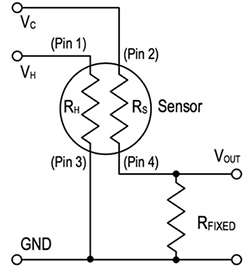 Diagram of voltage divider configuration provides the simplest chemiresistive sensor design