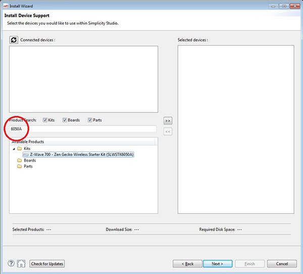 Image of typing “6050A” in the Simplicity Studio search box
