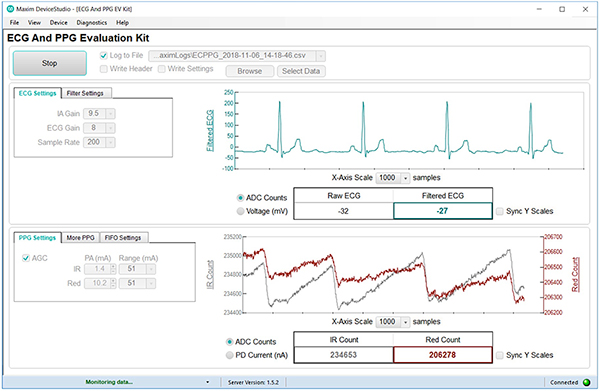 Image of Maxim Integrated MAX86150EVSYS evaluation system's related software application (click to enlarge)