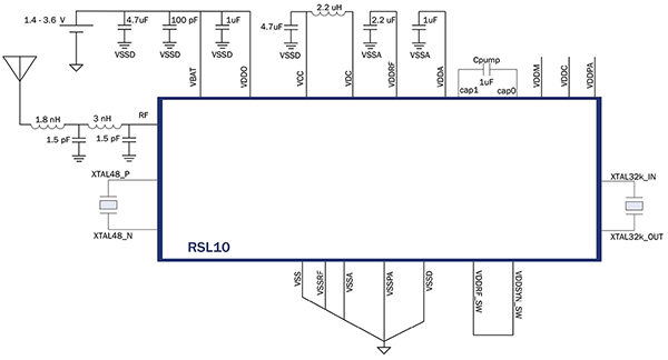 Diagram of ON Semiconductor RSL10 configuration for operation in buck mode
