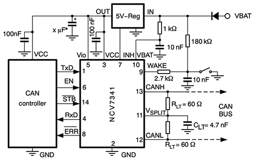 Diagrama del esquema de aplicación del transceptor CAN NCV7341D21R2G de ON Semiconductor