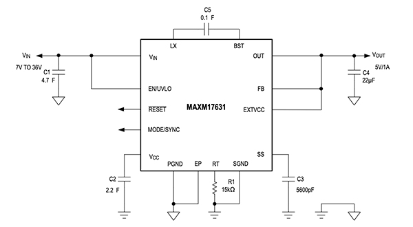 Diagram of MAXM17631 of the Maxim Himalaya uSLIC family of DC-DC step-down power modules