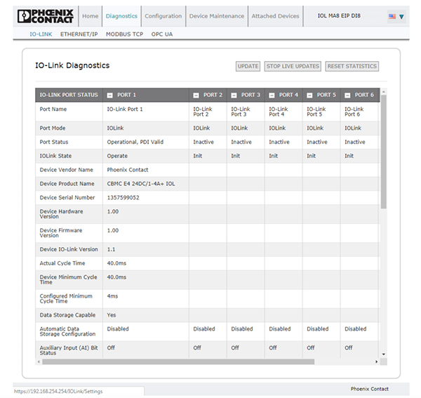 Image of web interface to the IO-Link master (click to enlarge)