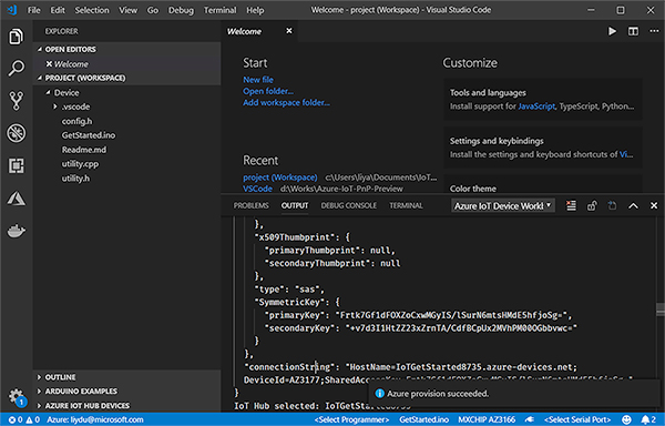 Image of sample code and credentials provided in the Microsoft Azure IoT Device Workbench