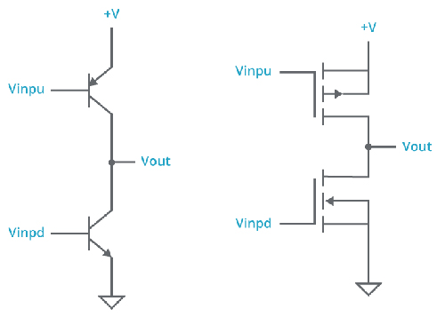 Diagram of position of BJT buffers reversed (left) or FET buffers in place of BJTs (right)