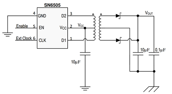 Diagram of Texas Instruments SN6505 transformer driver combined with a Würth Elektronik 750315371 isolation transformer