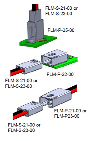 Diagram of Amphenol ICC FLM-P21-00 receptacle housing and mating FLM-S21-00 plug housing