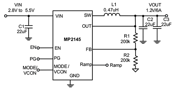 Diagrama del regulador de conmutación reductor síncrono MP2145 de 5.5 voltios y 6 A