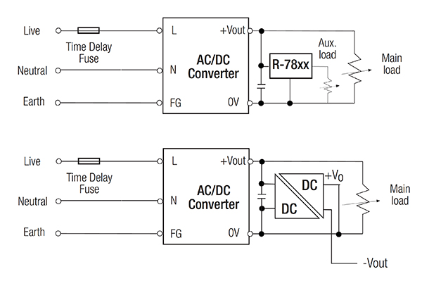 Diagram of switching regulator (RECOM R-78xx, on the top) or a DC/DC converter (bottom)
