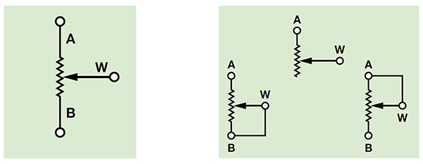 Esquema del potenciómetro con los terminales A y B y el wiper W