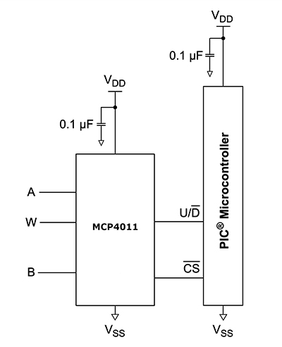 Diagrama del digipot MCP4011 de Microchip Technology