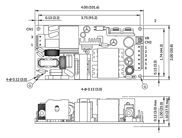 Diagram of mounting holes marked on the drawing with the earth ground symbol (click to enlarge)