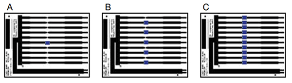 Diagram of schematic illustration of one (A), five (B), and ten (C) chip resistors