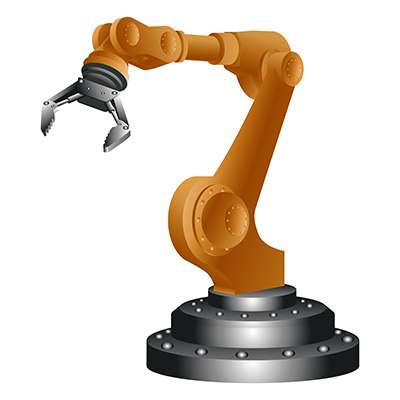 Image of a two-finger pneumatic gripper on the end of a robotic arm