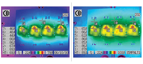 Imagen del flujo de aire de 200 LFM reduce significativamente las temperaturas del módulo y la placa de PC (haga clic para ampliar).