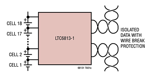 Diagram of Analog Devices LTC6813-1 supports the highest number of cells (18)