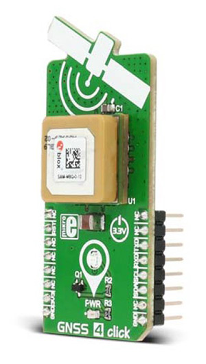 Image of GNSS 4 click board carries the SAM-M8Q patch antenna module from u-blox