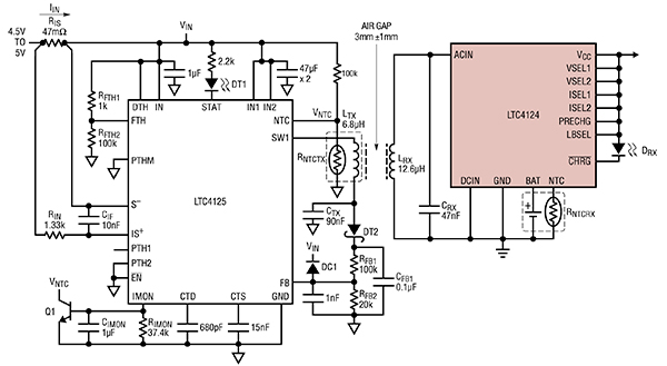 Diagram of Analog Devices LTC4125 transmitter and LTC4124 charger (click to enlarge)