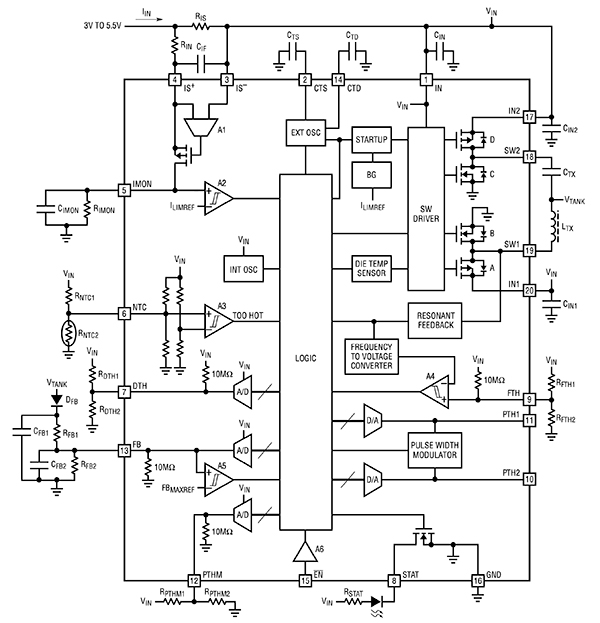 Diagram of Analog Devices LTC4125 wireless power transmitter (click to enlarge)