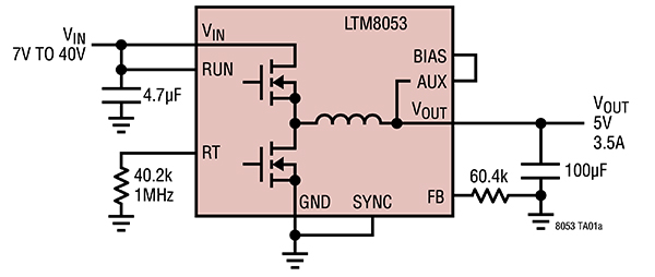 Diagram of Analog Devices LTM8053 member of the Silent Switcher family (click to enlarge)