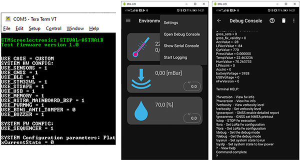 Image of command line and debug console on a PC (left), and on a mobile device (right) (click to enlarge)