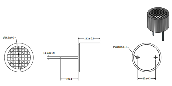 Image of PUI Audio UT-1640K-TT-2-R ultrasonic transmitter and the UR-1640K-TT-2-R ultrasonic receiver (click to enlarge)
