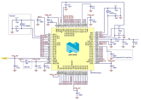 Diagram of Nordic nRF52840 requires external circuitry (click to enlarge)