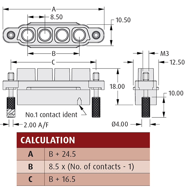 Image of dimensional drawing of Kona receptacle housings