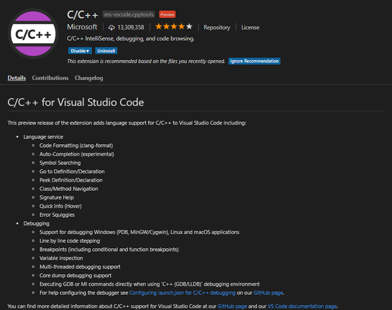 we recommend installing C/C++