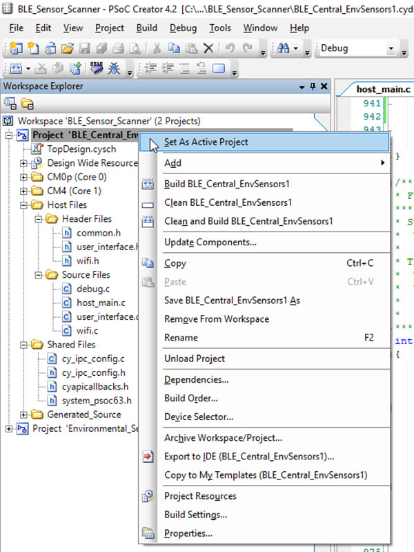 right click on &ldquo;Project &lsquo;BLE_Central_EnvSensors1&rsquo;&rdquo;