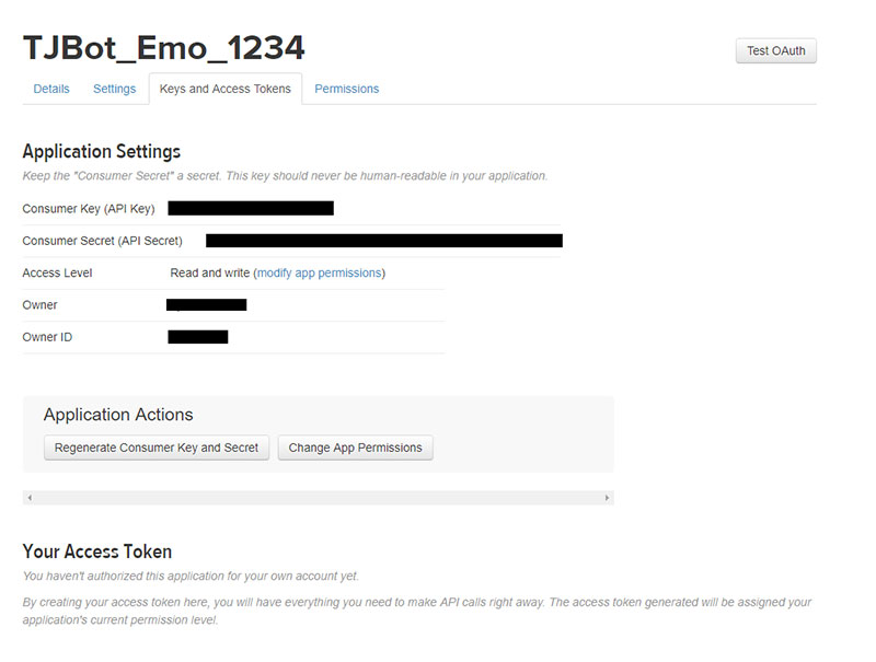 A tab titled &ldquo;Keys and Access Tokens&rdquo;