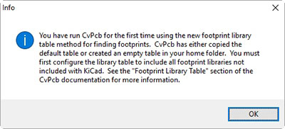 the first time you run CvPcb you&rsquo;ll get this warning