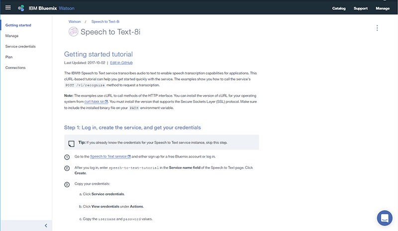 &ldquo;Speech to Text&rdquo;, so click &ldquo;Service credentials&rdquo;