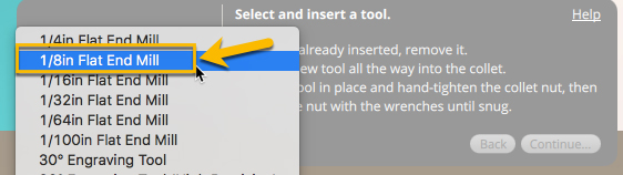 Then select &ldquo;1/8in Flat End Mill&rdquo;